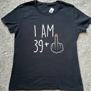 NWT, “I am 39 +1” Black tshirt, size Small
